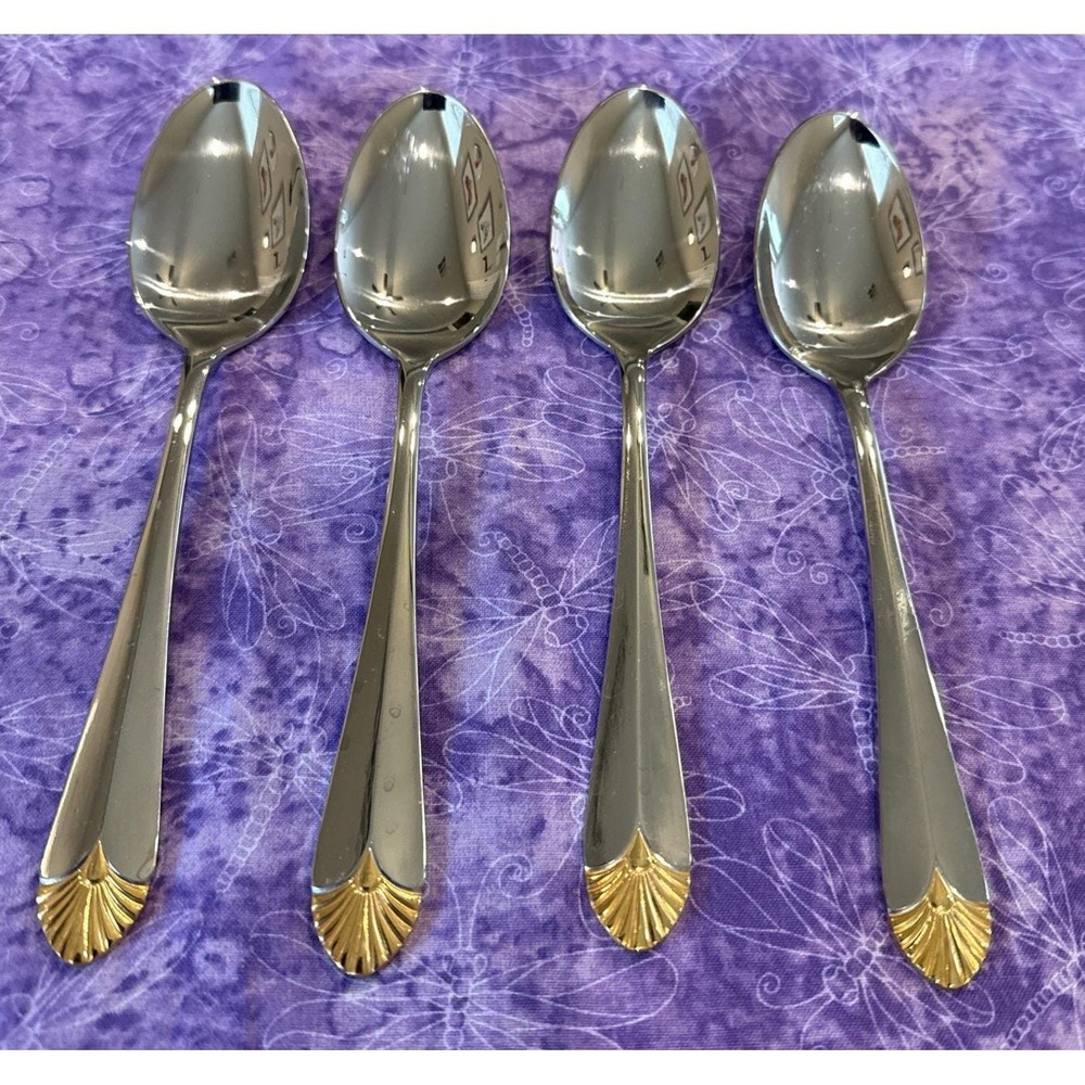 Royal Gallery Stainless Gold Fan Accent Oval Soup Spoon Set Of 4 Korea 18/8